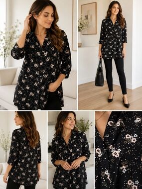 Bizzbee Black Floral Viscose Tunic Blouse Swing Fit Size M